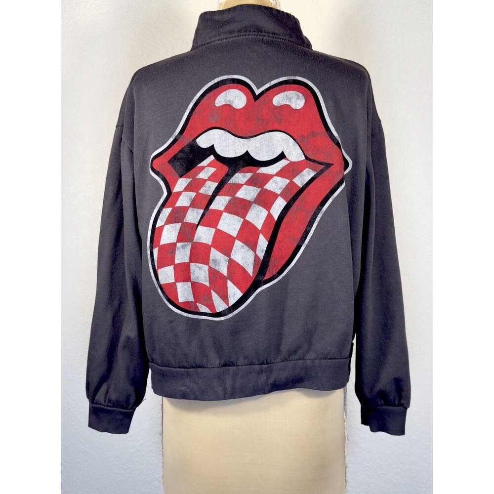Rolling Stones Sweatshirt Womens L Gray Quarter Zip Checkered Tongue Cropped